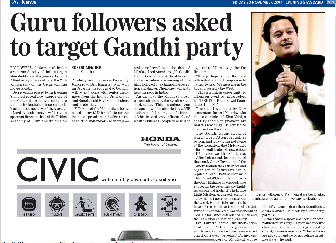 Prem Rawat (Maharaji), Evening Standard Article regarding Gandhi Foundation.